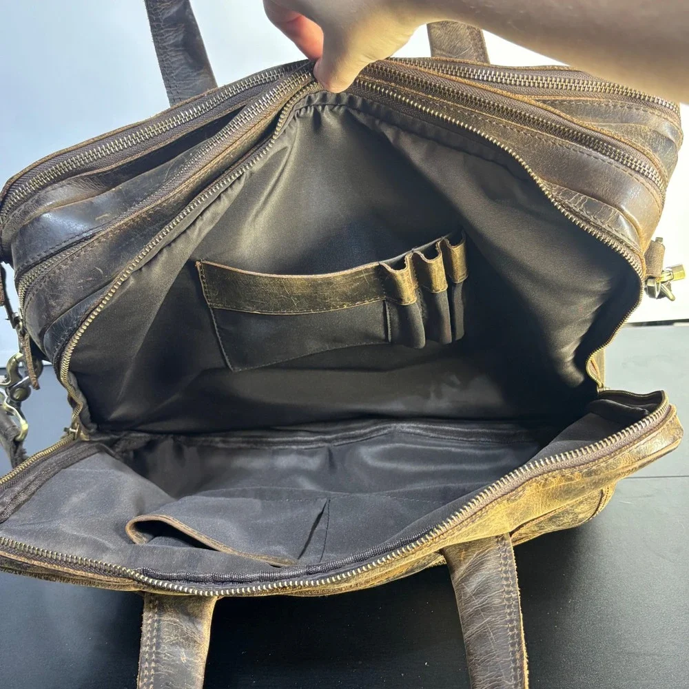 Vintage Leather Crossbody Commuter Bag Briefcase Brown Distressed Mens Large